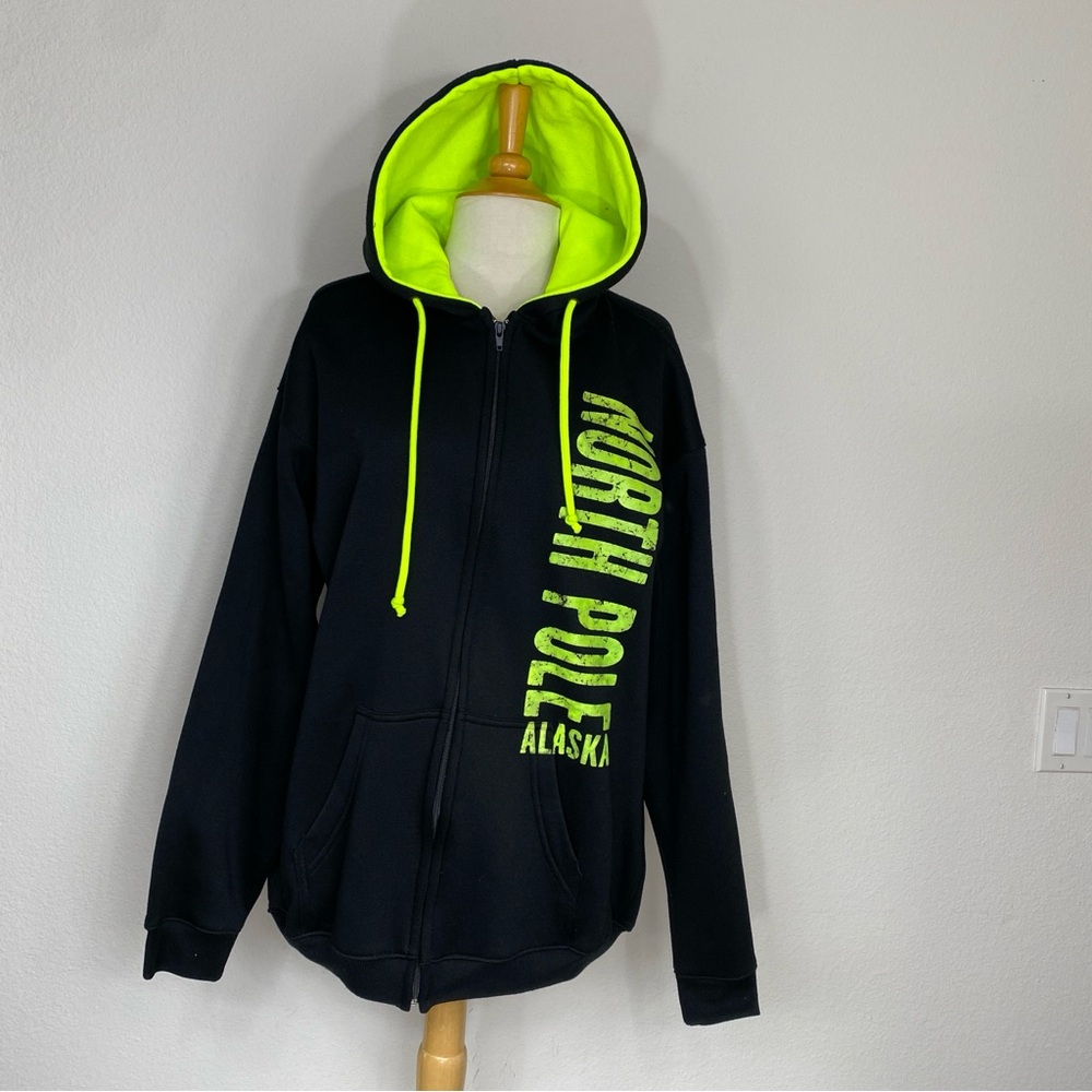 NWT New Tipsy Unisex Black Neon Green North Pole Alaska Zip Hooded Sweatshirt XL